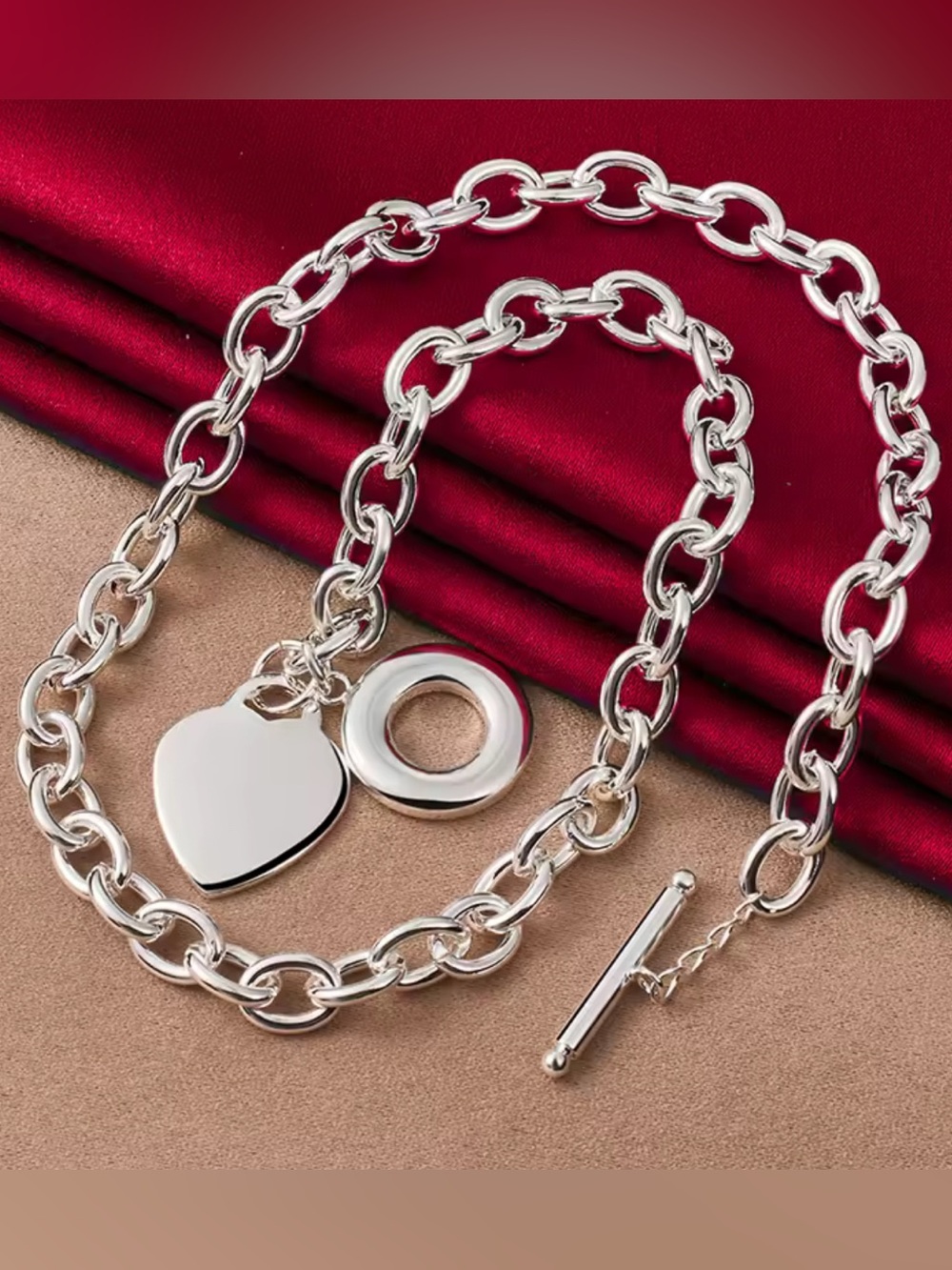 Silver Toggle Chain Necklace - Link Design Heart Charm! - Picture 3 of 9